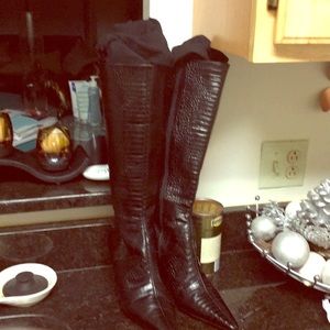 Black tall boots head toe crocodile print